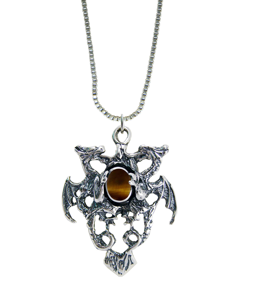 Sterling Silver Dragon Crest Pendant With Tiger Eye